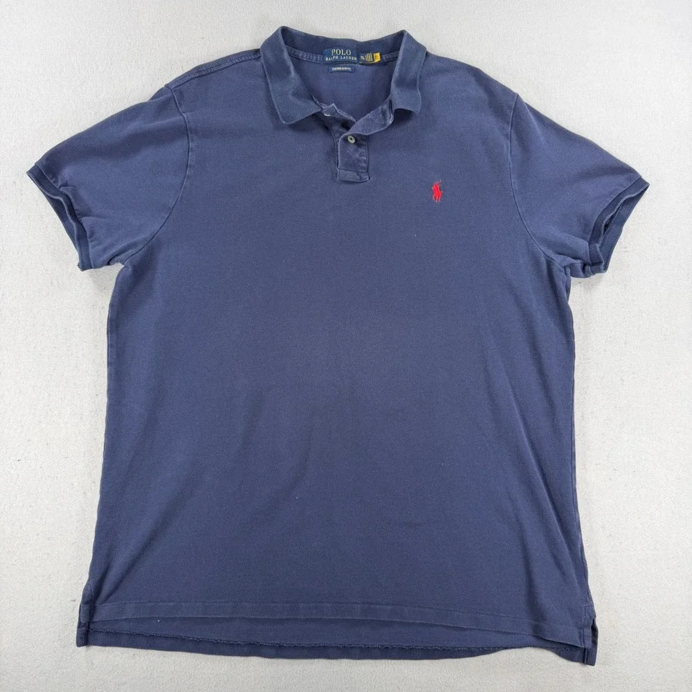 Polo Ralph Lauren Mens XXL Custom Slim Fit Polo Shirt Navy Blue Red Pony Logo